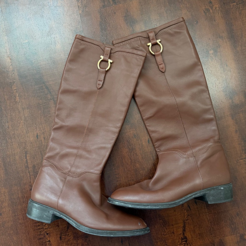 Salvatore Ferragamo Womens Gancini Brown Leather Tall Riding Boots Size 9 B